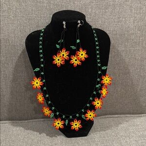Floral Beaded Necklace and Earrings Set